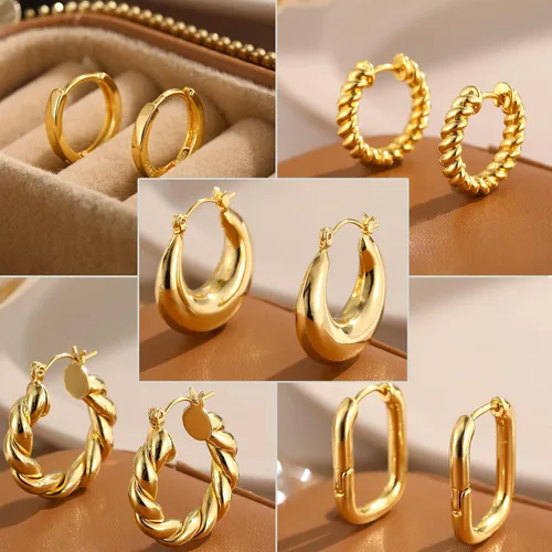 Vista 7 de 9 pares de aretes de aro de oro para mujer, chapados en oro de 14 quilates, ligeros, gruesos, trenzados, para regalo, Latón, No es una piedra