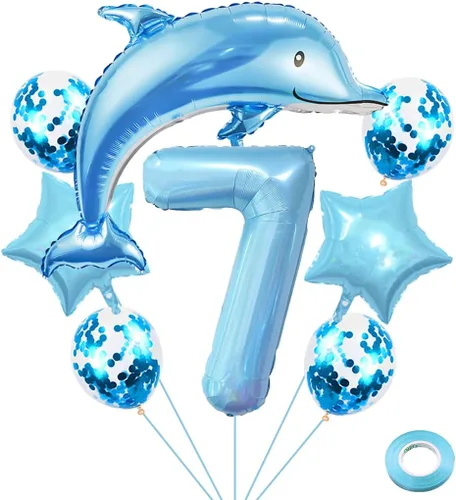 Vista 9 de Globos de cumpleaños de 5º delfín, globo gigante de papel de aluminio de delfín número 5, globos de Mylar de animales del océano para suministros