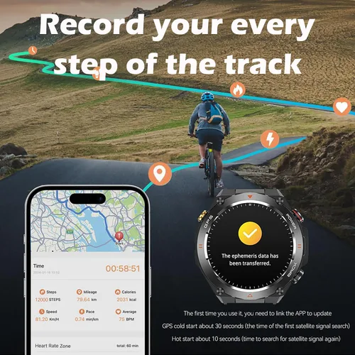 Vista 3 de Yihou ABC - Reloj inteligente de seguimiento GPS para hombre, senderismo, correr, resistente, militar, con marca/respuesta de llamada, brújula Negro