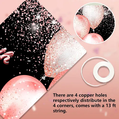 Vista 64 de Cartel de feliz cumpleaños décimo oro rosa, telón de fondo, saludos a 10 años, globos de confeti, decoración temática para niñas de 10 años