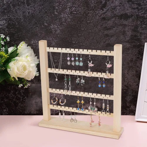 Vista 4 de FINGERINSPIRE Soporte organizador de exhibición de aretes de madera de 4 niveles (60 ranuras y 56 agujeros), soporte de exhibición de aretes