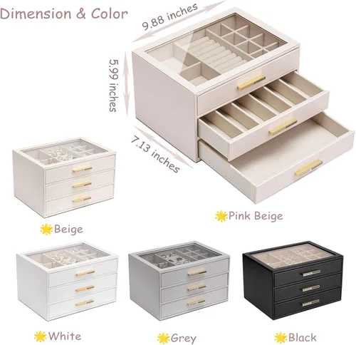 Vista 3 de Vlando - Joyero con 3 cajones y tapa de vidrio, organizador de cuero sintético para anillos, aretes, collares y más, estuche de joyería listo