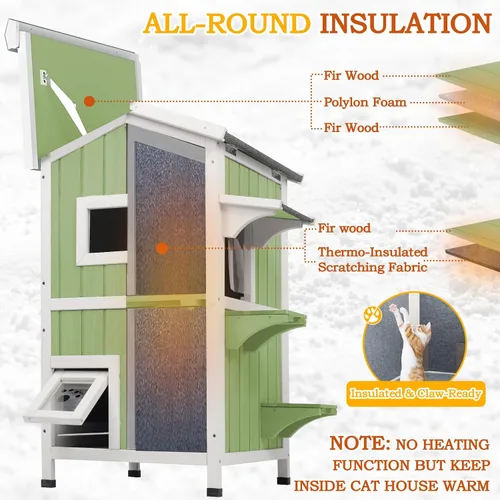 Vista 2 de PetsCosset Casa Aislada para Gatos de Exterior Resistente a la Intemperie con Aislamiento Integral de Dos Pisos de Madera Refugio para Gatos Ferales