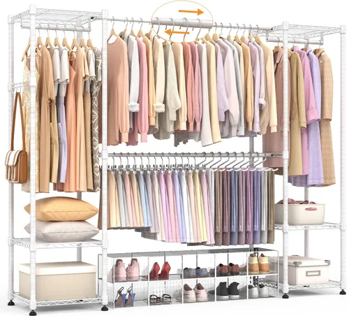 Vista 13 de Homdox Perchero resistente con varillas extensibles para colgar, perchero de metal ajustable para colgar ropa, armario independiente con estantes