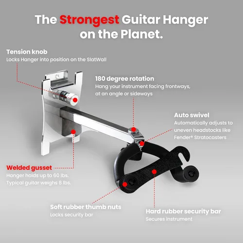 Vista 3 de DLDIRECT DiamondLife - Soporte de pared para guitarra color rojo cereza de 48 pulgadas, 3 perchas cromadas con bloqueo de seguridad acolchado