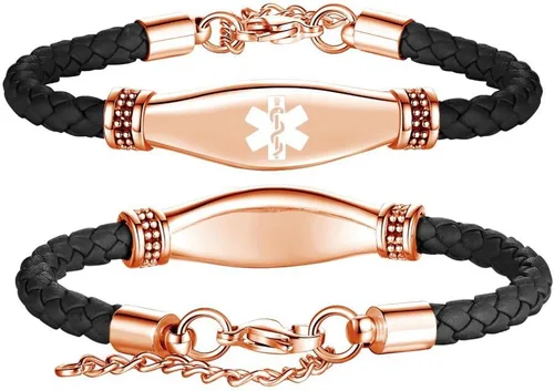 Vista 31 de LinnaLove Pulseras de alerta médica para mujeres, hermosas pulseras de cuero femenino para identificación médica con grabado gratuito