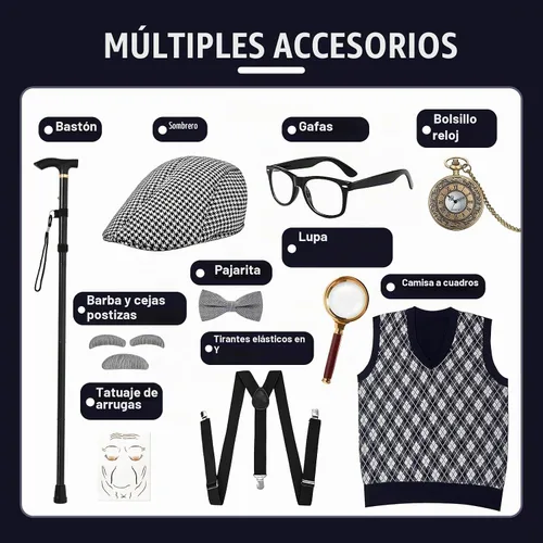 Vista 3 de MGparty Disfraz de anciano para niños, para el día 100 de escuela, accesorios de disfraz de abuelo