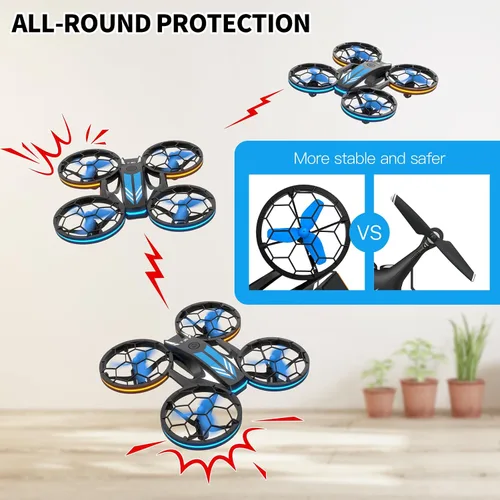 Vista 7 de Drones - Drone RC con auto flotante y modo sin cabeza, cuadricóptero con luz LED, hélice de protección completa, giros 3D, 3 baterías, control