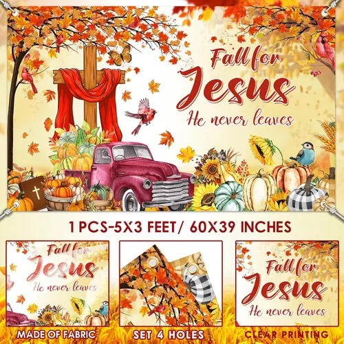 Vista 6 de YE SU - Fondo de fotografía con texto en inglés "Fall for Jesus", "Jesús Él Never Leave", fondo de fotografía de otoño, calabaza, hojas de arce
