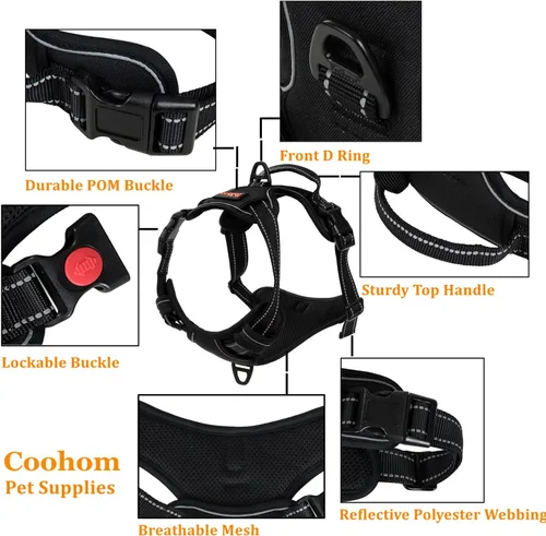 Vista 3 de Coohom Arnés sin tirones para perro, con asa y dos accesorios para correa, arnés ajustable para mascotas al aire libre con material Oxford