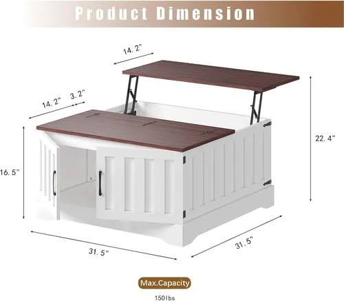 Vista 2 de HedoAjim Mesa auxiliar elevable de 31.5 pulgadas con almacenamiento, mesa de centro cuadrada blanca LED con gran almacenamiento oculto, mesa central
