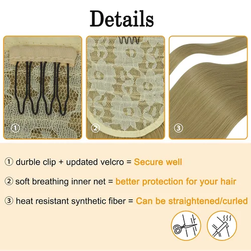 Vista 4 de OMGREAT Extensión de cola de caballo de cabello lacio envolvente para mujer, rubio ceniza, extensiones de cola de caballo larga y recta, extensiones