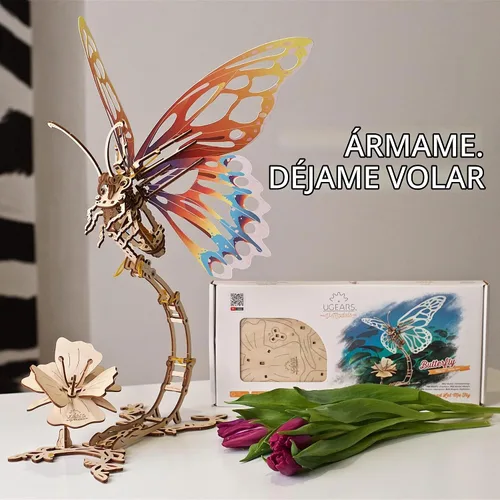 Vista 6 de Ugears Rompecabezas 3D de madera para adultos, kit de modelo mecánico de rompecabezas de mariposa, rompecabezas de madera 3D para adultos autómata