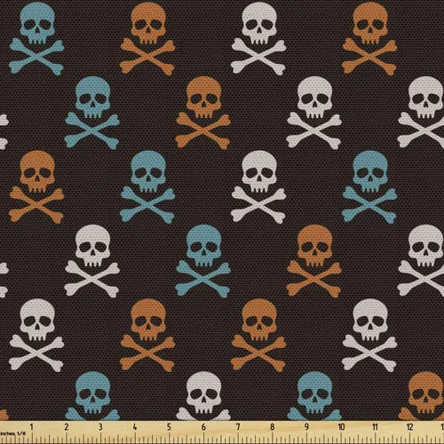 Vista 102 de Ambesonne The Yard, tela de calavera colorida con temática de Halloween, diseño de calavera y huesos cruzados, divertido estampado de dibujos