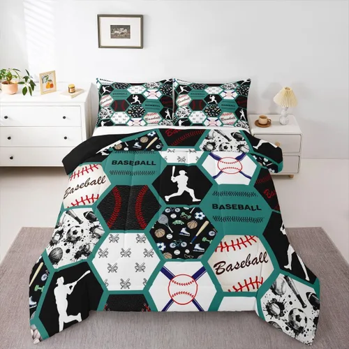 Vista 22 de Erosebridal - Juego de edredón individual para niños con diseño de béisbol y sóftbol, juego de cama deportivo acolchado para niños, edredón