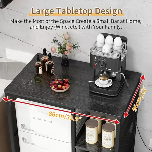 Vista 7 de METYERRY Estante para hornear de cocina con toma de corriente, soporte para microondas con cajón, mini soporte para refrigerador con estantes Negro