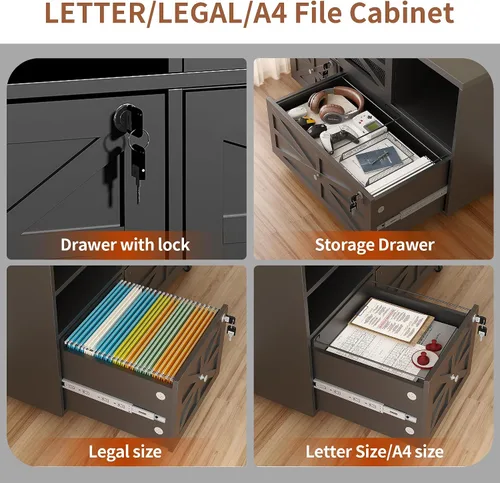 Vista 3 de Semoic Archivador de 2 cajones con cerradura, archivador lateral móvil para tamaño carta/legal/A4, estante ajustable de almacenamiento abierto