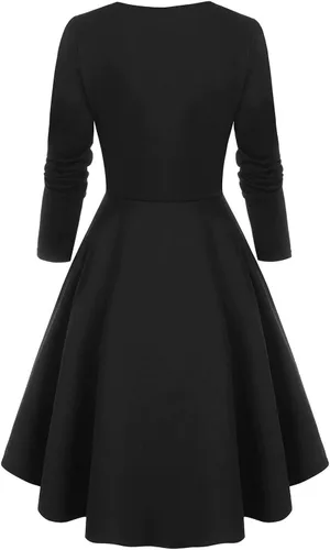 Vista 2 de Vestidos vintage para mujer de los años 50, manga larga, a cuadros, empalme, cóctel, fiesta, con botones laterales, vestido retro con vuelo