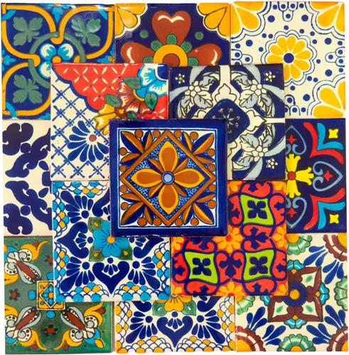 Vista 6 de Azulejo mexicano Talavera español, arte mediterráneo, colorido mosaico de cerámica pintado a mano de 4 x 4 pulgadas para baño, pared, espejo, Multi1