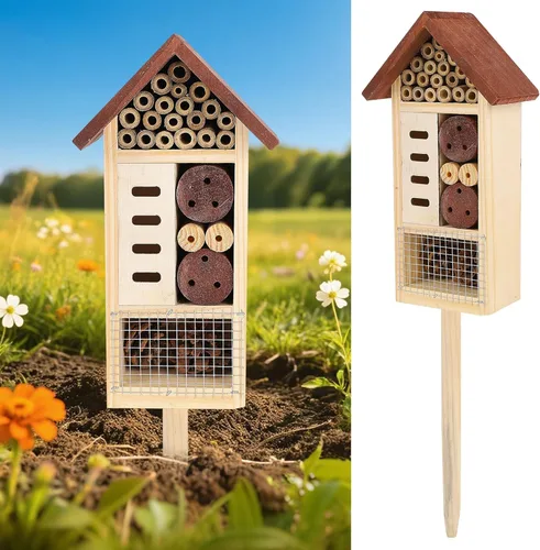 Vista 7 de Lulu Home Casa de insectos de madera, hotel colgante de insectos para abejas, mariposas, mariquitas, hábitat beneficioso de insectos, jardín