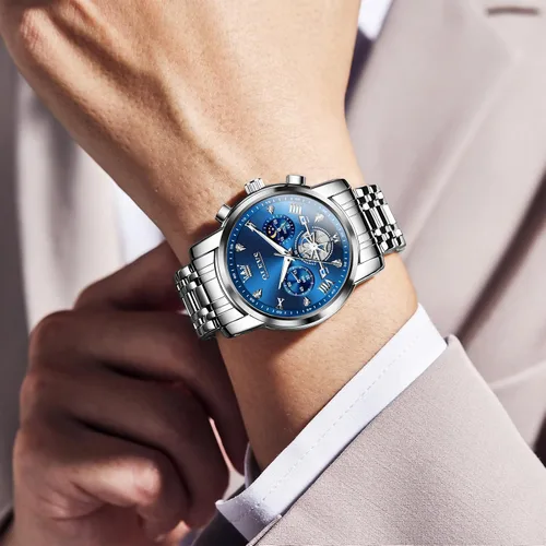 Vista 3 de OLEVS Reloj cronógrafo de acero inoxidable para hombre, reloj de cuarzo analógico de muñeca grande, resistente al agua, con números romanos