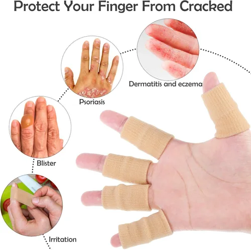 Vista 5 de Skylety 30 fundas para dedos con 1 bolsa de almacenamiento, protector de soporte de férula para el pulgar, cinta elástica transpirable para los Beige