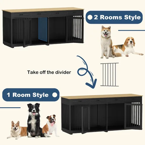 Vista 3 de Mueble grande para perros, perrera de madera de 86.6 pulgadas con cajones y divisor, muebles de interior resistentes, estilo casa para perros