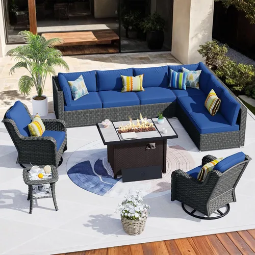 Vista 18 de HOOOWOOO Juego de sofá modular para patio al aire libre, 7 piezas en forma de U, juego de sofá de mimbre rústico para 6 personas, juego de Beige