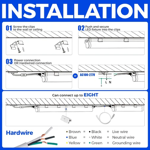 Vista 9 de Barrina (Paquete de 8) Artefacto único integrado LED T5, 4 pies, 2200lm, 5000K, 20W, luz para tienda, techo y debajo del gabinete, listada ETL