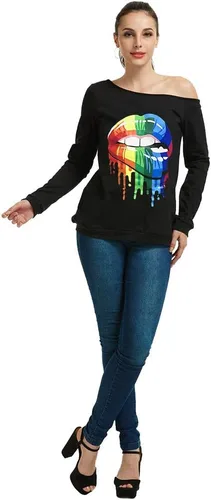 Vista 7 de Magicmk - Sudadera de hombro descubierto y mangas largas, con estampado de labios de mujer, en talla extragrande, para mujer
