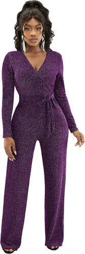 Vista 4 de LightlyKiss Women Casual V Neck Sparkly Jumpsuits Long Sleeve Onesie Loose Pants Party Clubwear with Belt