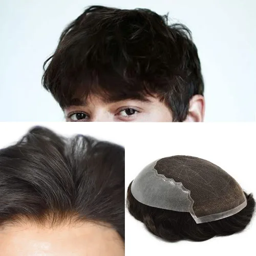 Vista 35 de Pieza de cabello para hombres suizo frente encaje frontal tupé europeo Remy sistema de reemplazo de cabello humano nudo blanqueado línea capilar
