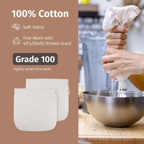 Vista 2 de 2 bolsas de leche de nuez reutilizables de grado 100 para colar, bolsa de tela sin blanquear para exprimir almendras avena, leche de nuez, uso como