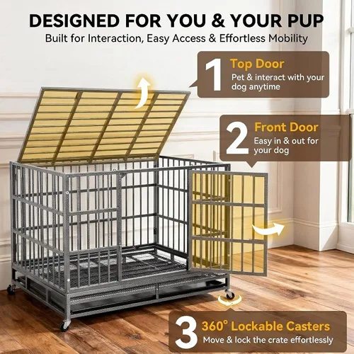 Vista 4 de Oranland Jaula de 38 Pulgadas para Perros, Resistente e Indestructible, con Ruedas, Perrera para Perros con Alta Ansiedad, Cerraduras Robustas