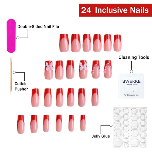 Vista 2 de Lindas uñas a presión de tamaño mediano - Uñas falsas cuadradas con punta francesa, uñas acrílicas rojas de cobertura completa brillantes