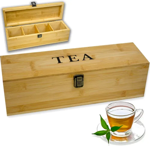 Vista 12 de Caja organizadora de té segura para alimentos, libre de productos químicos, baúl de almacenamiento de bambú, cubos ajustables