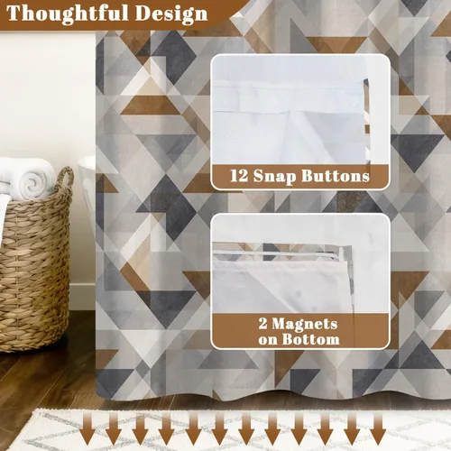 Vista 5 de No Hook Geometric Shower Curtain with Snap in Liner - 71″W x 74″L Waterproof Fabric with Mesh Top Window, Modern Abstract Triangle Design Bath