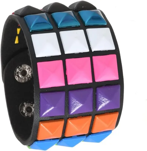 Vista 3 de coadipress Pulsera de cuero punk con tachuelas para hombres y mujeres, 3 filas, punk, rock, negro, blanco, brazalete de motociclista, pulsera
