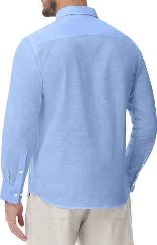 Vista 2 de J.VER Camisa de lino para hombre, casual, ligera, de manga larga, cuello con botones, color liso, para la playa, para el trabajo de vacaciones
