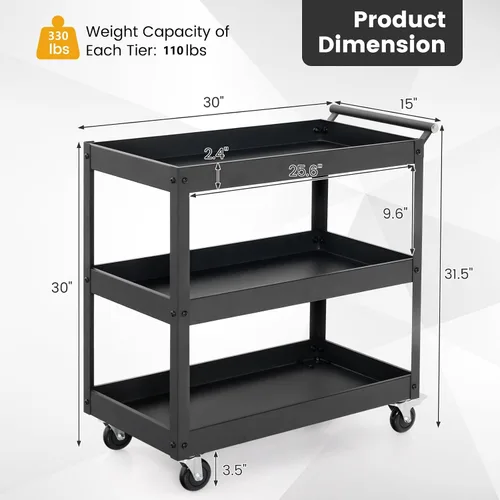Vista 5 de Goplus Carrito utilitario de 3 niveles, carrito de herramientas de servicio comercial resistente con ruedas bloqueables, capacidad de carga de 330