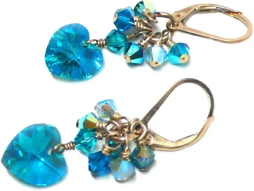 Vista 2 de 10x10mm Crystal Heart Blue Zircon Cluster Drop Earrings Gold-Filled
