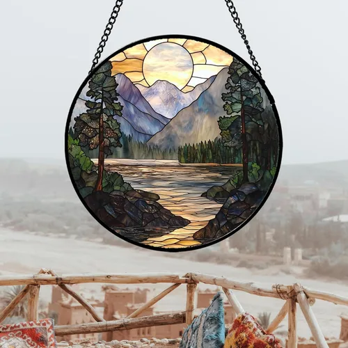 Vista 4 de Colgador de vidrieras para colgar, atardecer montañas, lago, árbol, atrapasoles para ventana, decoración del hogar, paisaje, día de la madre