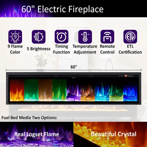Vista 2 de AMERLIFE Soporte de TV con Chimenea de 65" con Chimenea Eléctrica de Cristal de 60", Centro de Entretenimiento Multimedia Industrial