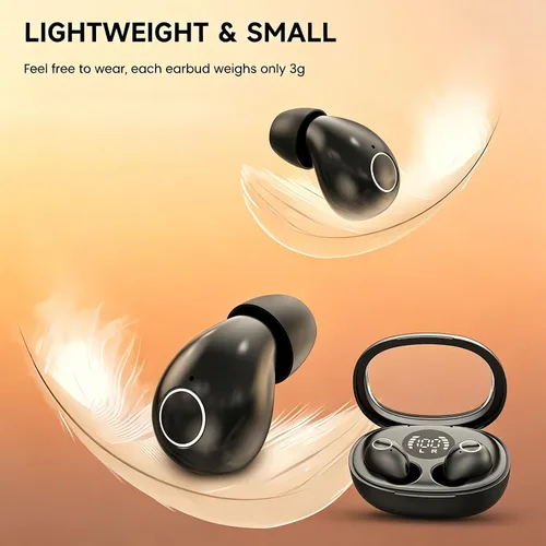 Vista 5 de Mini auriculares inalámbricos Bluetooth con pantalla LED, auriculares para dormir intrauditivos con tapas de silicona suave, funda de carga Negro