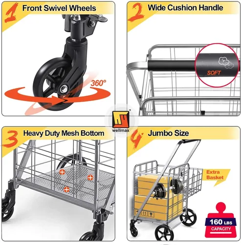 Vista 5 de Wellmax Carrito de la compra con ruedas giratorias y cesta doble para comestibles Todos los modelos WM99024S 99025S 99026S 99028S