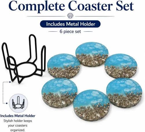 Vista 5 de Divit Shilp, juego de posavasos absorbentes de resina azul aguamarina con diseño de concha marina y soporte de metal, posavasos redondos hechos a
