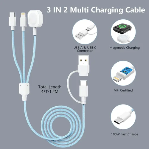 Vista 5 de Travel Essentials - Cable de carga 3 en 2 para cargador de Apple Watch, cargador de iPhone, cable de carga rápida USB C compatible con iWatch Series
