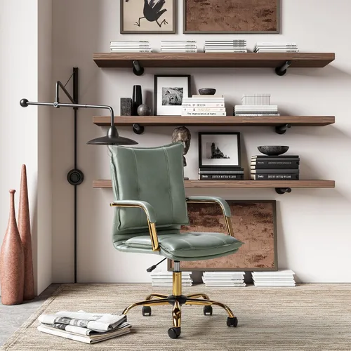 Vista 7 de HULALA HOME Silla de escritorio de piel sintética para oficina en casa, silla giratoria ajustable para computadora con patas y brazos dorados, silla