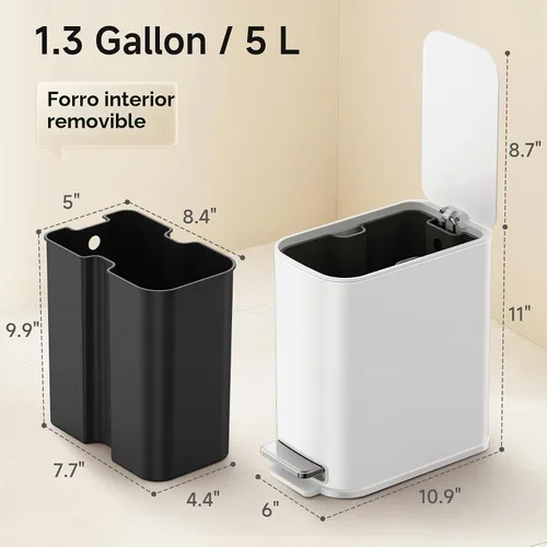 Vista 3 de TIPGO Bote de basura pequeño para baño con tapa, cierre suave, 1.3 galones Blanco