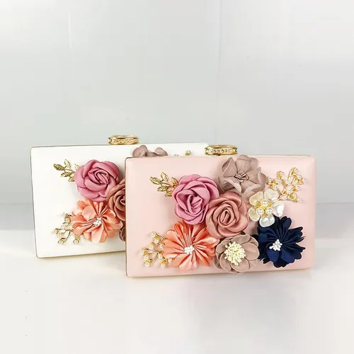 Vista 6 de Bolso de noche floral para mujer, bolso de embrague de novia con flores 3D, elegante banquete de boda, baile de graduación, bolso de noche